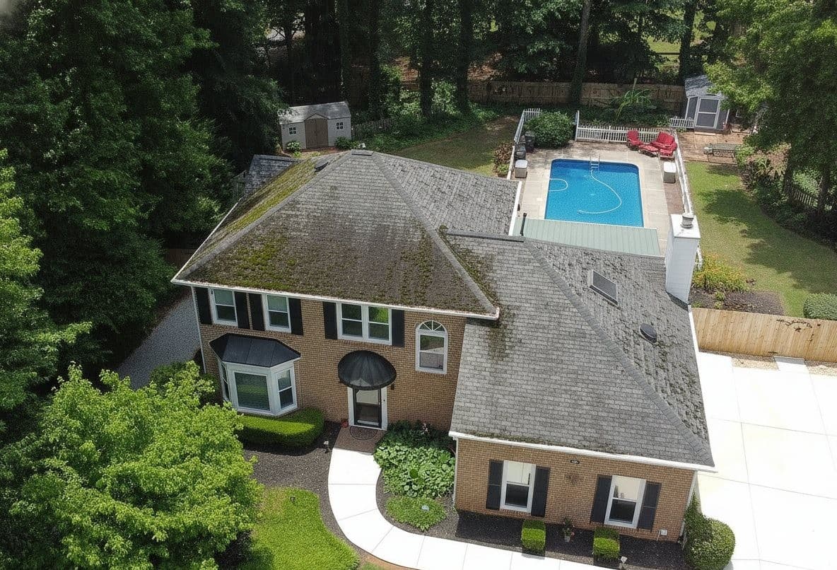 A Northern Virginia home with a heavily moss-covered, weathered roof before renewal