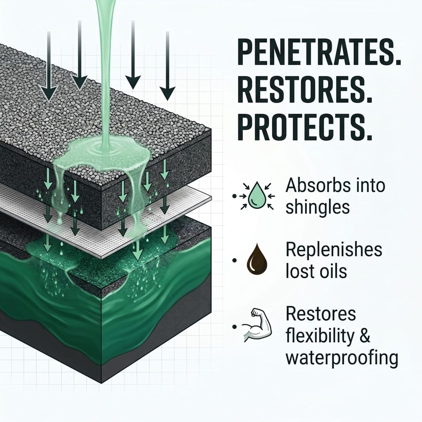 Cross-section diagram of the Bio-oil treatment pouring into an asphalt shingle. It penetrates, restores and protects: absorbing into the shingle, replenishing lost oils, and restoring flexibility and waterproofing.