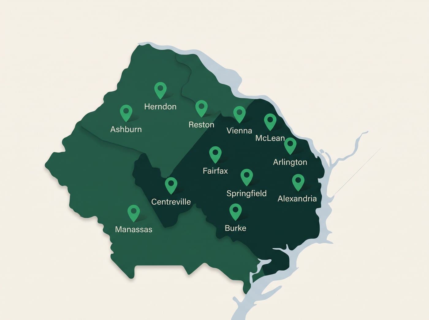 Map of Northern Virginia showing Laminar's service area with markers at Ashburn, Herndon, Reston, Vienna, McLean, Fairfax, Arlington, Springfield, Alexandria, Centreville, Burke and Manassas