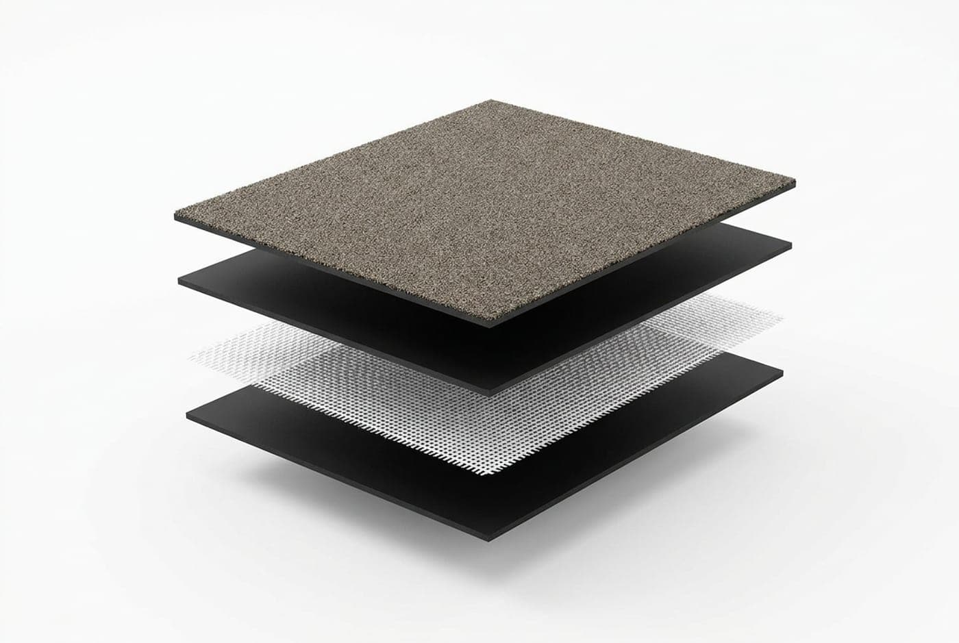 Photorealistic exploded view of an asphalt shingle's four layers: mineral granule surface, asphalt coating, fiberglass reinforcement mat, and asphalt backing.